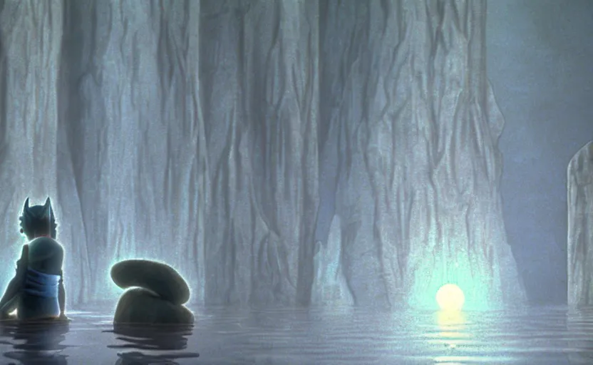 Image similar to a cell - shaded cartoon movie still from princess mononoke ( 1 9 9 7 ) of a giant monk in a grey robe meditating in lotus position in a flooded stonehenge with shafts of sunlight from above. very dull muted colors, hd, 4 k, hq