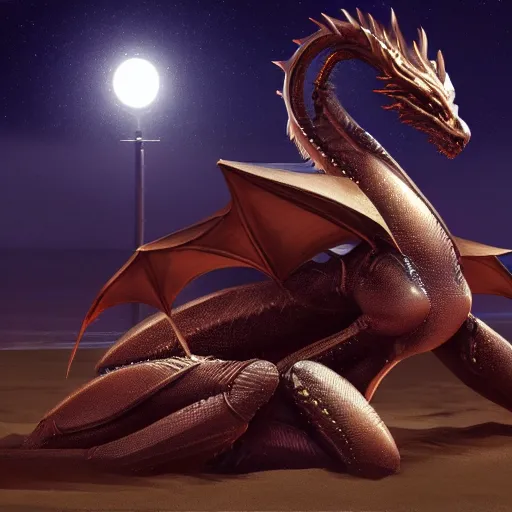 Image similar to high quality realistic shot of a beautiful and stunning anthropomorphic female robot dragon, sitting on the beach at night, high quality digital art, 3D, artstation, deviantart, furaffinity