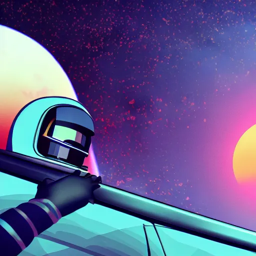 Prompt: black cat wearing an astronaut helmet looking into the horizon with a vaporwave sunset in the background, 4K, ultra hd, hyper realistic