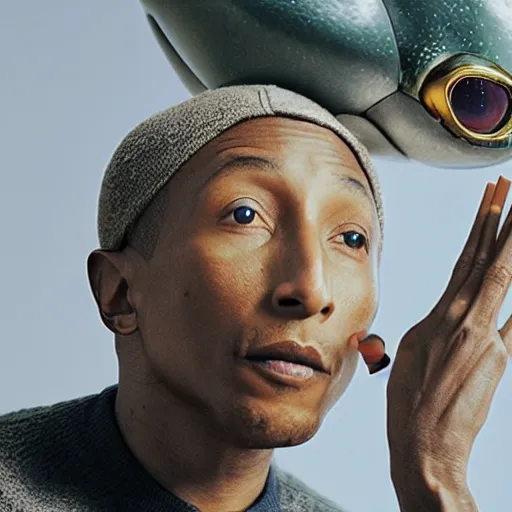 Image similar to cinematic film still of Pharrell Williams Making A Beat with an anthropomorphic alien, Japanese VFX, 2018, 400mm lens, f1.8, shallow depth of field,film photography