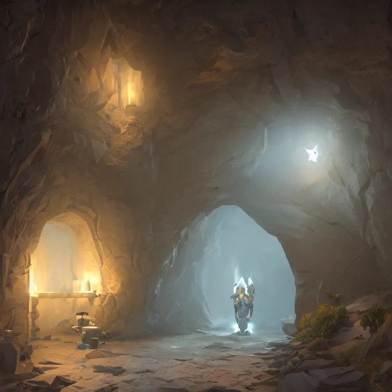 Image similar to arc hallway for secret overwatch habitation quarters carved inside a cave, sheltered, magical, natural light, candle light, cinematic lighting, clean lines, cozy, fantasy, minimalist architecture, sharp focus, concept art, by greg rutkowski and craig mullins,, octane render 8 k