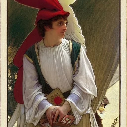 Image similar to An angel with jester hat and clothes on a greek circle archi on the front of a Balustrade with a beach and a sail boat on the background, major arcana cards, by paul delaroche, alphonse mucha and daniel garber daniel garber hyperrealistic 8k, very detailed