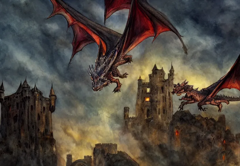 Image similar to dragon possum flying over a medieval castle under a dark starred sky, dark fantasy, watercolor, dreaming illusion, highly detailed, 4k, trending on Artstation, award-winning