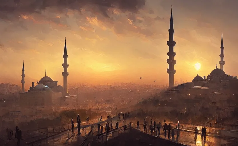 Prompt: painting of skyline of istanbul at sunset, natural light, concept art, by greg rutkowski, cozy atmospheric and cinematic lighting