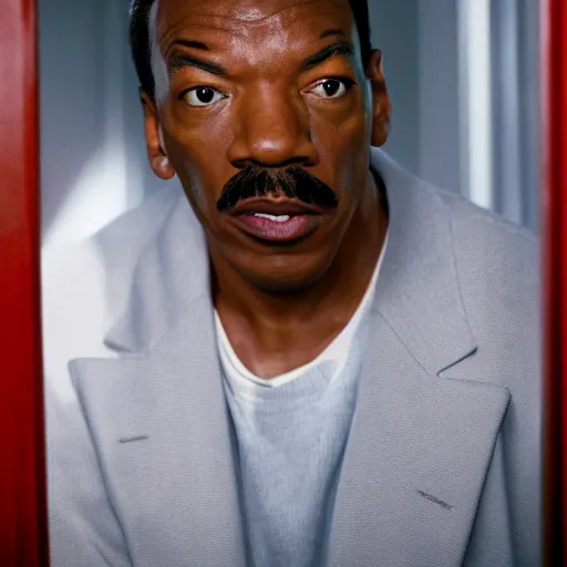 Image similar to a cinematic film still of Eddie Murphy starring in The Shining, portrait, 40mm lens, shallow depth of field, close up, split lighting, cinematic
