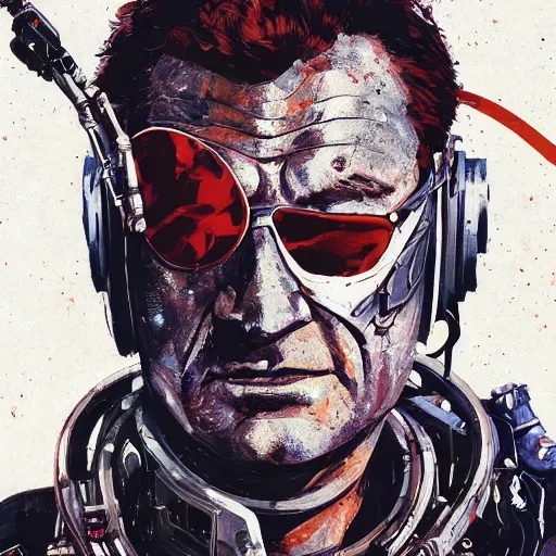 Prompt: highly detailed portrait of a John Wayne space cowboy (John Wayne) with robotic cybernetic enhancements by Dustin Nguyen, Akihiko Yoshida, Greg Tocchini, Greg Rutkowski, Cliff Chiang, 4k resolution, nier:automata inspired, bravely default inspired, vibrant but dreary orange, black and white color scheme!!! ((Space nebula background))