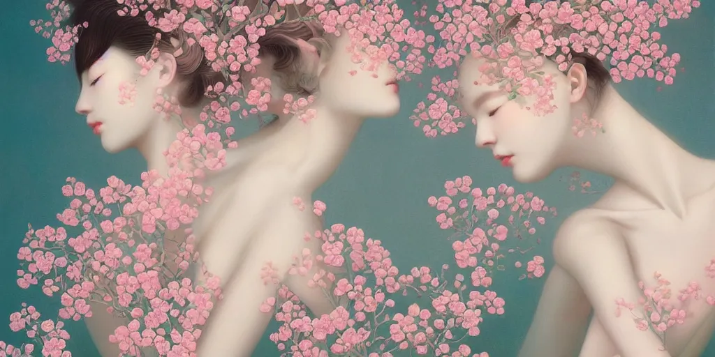 Image similar to breathtaking delicate painting pattern blend of flowers and girls, by hsiao - ron cheng, bizarre compositions, many exquisite detail, pastel colors, 8 k