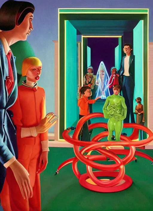 Image similar to painting of a gucci costumed family being shown how to open magic portals by a large glowing alien in their suburban living room maze, designed by gucci and wes anderson, energetic glowing orbs in the air, cinematic look, in the style of edward hopper, james jean, petra collins and mc. escher