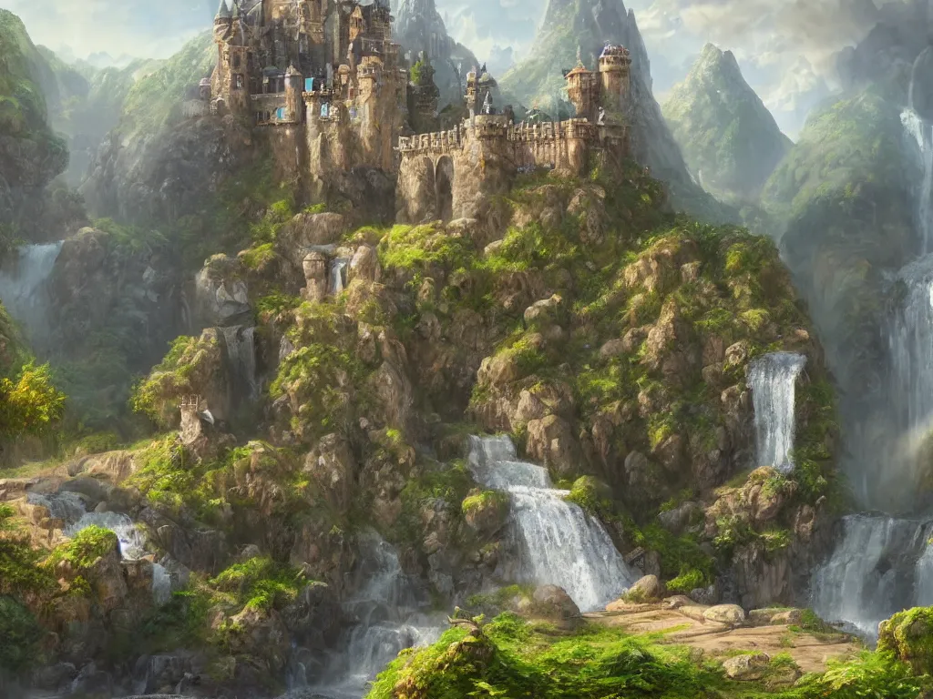 Image similar to a painting of a castle with a waterfall in front of it, a detailed matte painting by tyler edlin, featured on cgsociety, arts and crafts movement, artstation hq, unreal engine 5