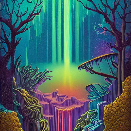 Prompt: ngc 3132 falling waterfall mysterious bone yard landscape by Casey Weldon, edge of the world, composite, colorful, high quality, featured art print, trending on behance