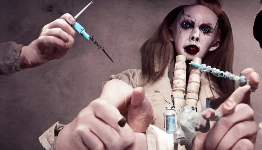 Image similar to big budget horror movie about an evil killer doll holding a hypodermic syringe