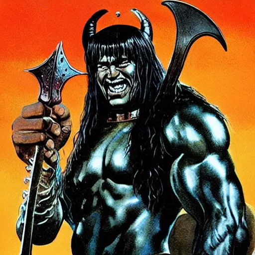 Prompt: “ conan the barbarian holds great 🪓 up to a giant black 🕷, with red eyes. ” painted by val semeiks, john buscema, ernie chan and earl norem.