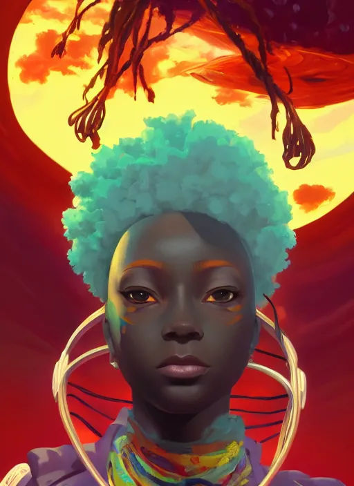 Image similar to afro - futurist artists, paint, brushes and canvas, hacking the metaverse of art | hyperrealistic oil painting | by makoto shinkai, ilya kuvshinov, lois van baarle, rossdraws | afrofuturism, in the style of hearthstone, trending on artstation | dark color scheme