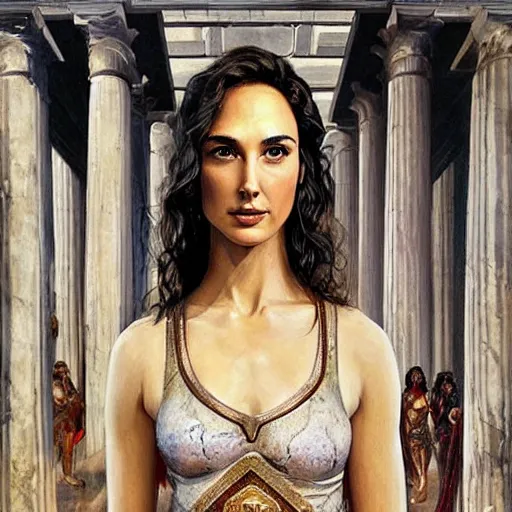 Image similar to Full body oil painting of the beautiful woman Gal Gadot, she is wearing some withe ancient roman cloths and a surreal ornate, her hair is natural disheveled, she is approaching heaven, she is in the Parthenon in Athens while people are claiming for her, she is attracting lightnings, naturalism, dramatic lighting, high-detailed oil painting by Ilya Repin, Michelangelo da Caravaggio, William Blake, Alex Grey and Beksinski, trending on Artsatio, hystorical painting, masterpiece, 4k, 8k,