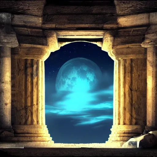 Image similar to ancient greek structure in the moon, retrowave epic art, trending on art station