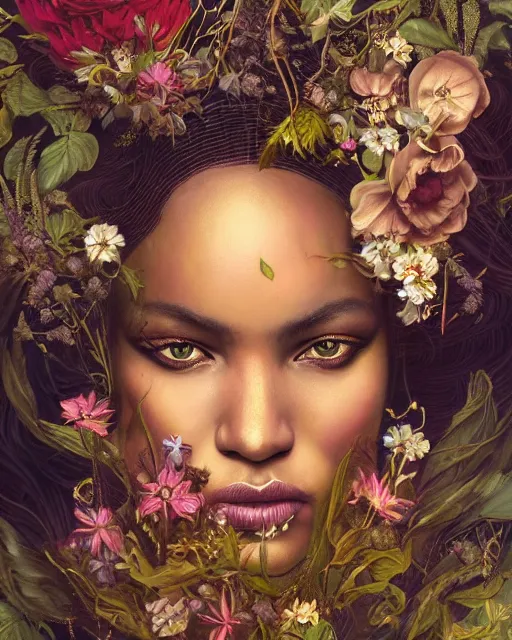 Image similar to portrait of the african queen of the underworld, surrounded by flowers by karol bak, james jean, tom bagshaw, rococo, sharp focus, trending on artstation, cinematic lighting, hyper realism, octane render, 8 k, hyper detailed.