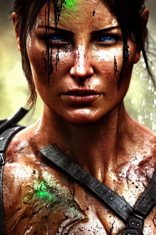 Prompt: candid action photographic portrait muscular sweat lara croft, covers with mud exhausted face close up, highly detailed, moody emotional cinematic, pouring iridescent rain, 8 k, hd, high resolution, 3 5 mm, f / 3 2, motion blur, ultra realistic faces 8 k