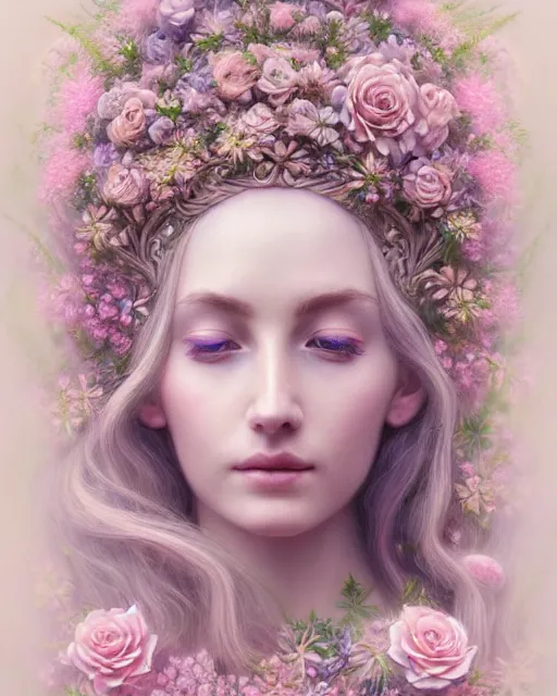 Prompt: portrait of a beautiful goddess of nature, graceful beauty, esoteric, nature and floral aesthetics, pastel colors, head in focus, intricate, elegant, highly detailed, artstation, artistic, concept art, hasselbrad photography, sharp focus, art style by emilia elfe