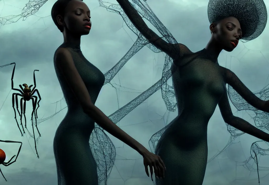 Image similar to realistic detailed portrait movie shot of a single beautiful black woman in a transparent sheer fabric dress dancing with a giant spider, futuristic sci fi landscape background by denis villeneuve, monia merlo, yves tanguy, ernst haeckel, alphonse mucha, max ernst, caravaggio, roger dean, sci fi necklace, masterpiece, dreamy, rich moody colours