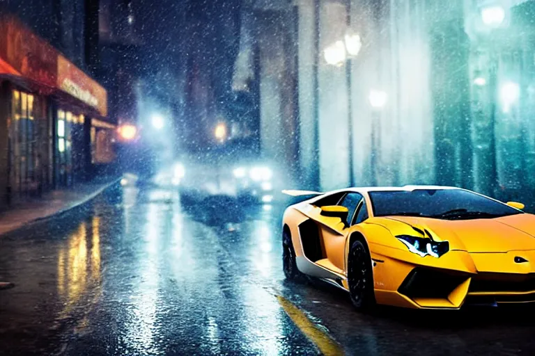 Image similar to a cinematic photograph of a lamborghini aventador driving through a dystopian city street whilst neon lightening strikes on the car, rain falls, ultra realistic, high definition