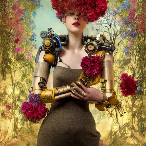 Prompt: a beautiful intricate fine art portrait photo of a farewell moment between lovers, a mechanical industrial steampunk cybernetic robot and a human overgrown with colorful flowers and leaves by tom bagshaw and zach sutton, golden ratio composition, studio lighting, 50mm lens, very detailed, bionic, cybernetic scifi, deep depth of field, artstation, 8K, highly coherent