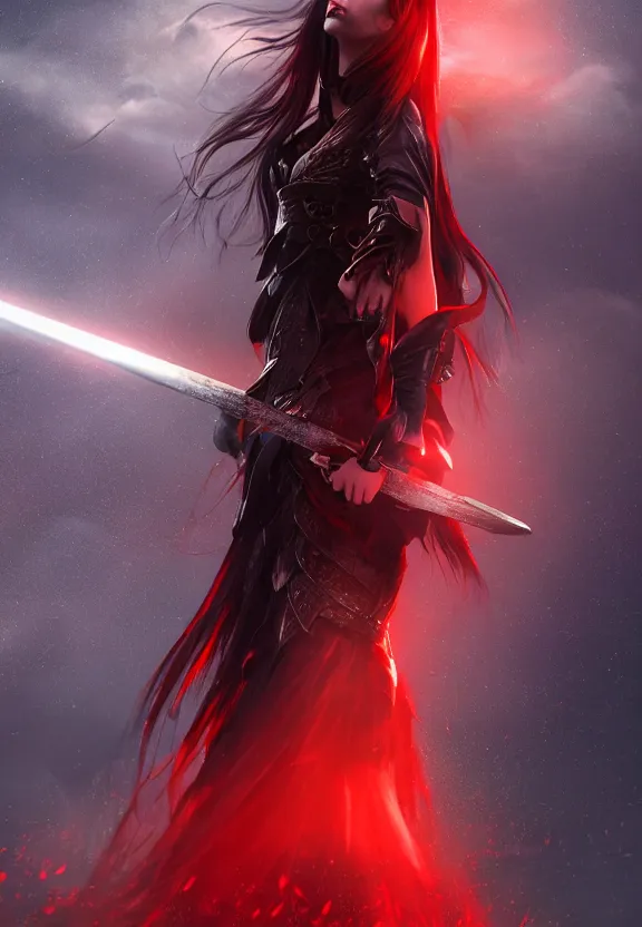 Image similar to a beautiful fierce long black haired woman wearing red dress wielding black sword posing heroically, heavenly moonlit clouds background, close up shot, artstation, extremely detailed woman, stunning volumetric lighting, hyper realism, fantasy 4k