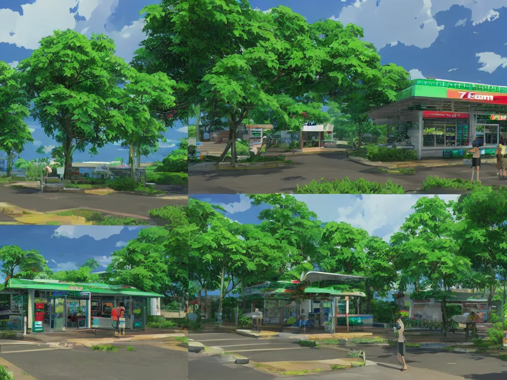 Prompt: 7 - eleven convenience store on a small island, lush greenery, surrounded by water, anime by makoto shinkai, 4 k