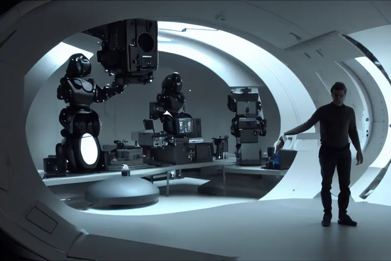 Image similar to vfx film, behind the scenes, on location, set design, making of, big film production, cinematographer filming futuristic tesla humanoid robots, high tech space ship interior, flat color profile low - key lighting award winning photography arri alexa cinematography, hyper real photorealistic cinematic, atmospheric cool colorgrade