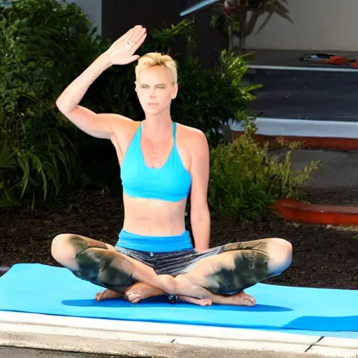 Image similar to Charlize Theron doing yoga near a swimming pool