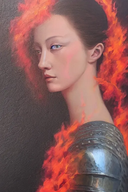 Image similar to hyperrealism oil painting, close-up portrait of medieval european fashion model, knight, steel gradient mixed with fire sky, in style of baroque mixed with 70s japan book art