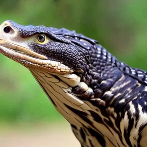 Image similar to hawk and crocodile morphed together, half crocodile, half hawk, real picture taken in zoo, realistic hawk proportions, head of crocodile is seamlessly merged with hawk