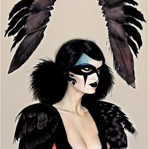 Image similar to portrait soft light, goth woman as mysterious supervillain and and black veil and modestly clothed victorian goth, black feathers instead of hair, black wings instead of arms, gray mottled skin, black feathers growing out of skin, transforming, by frank mccarthy and conrad roset, inspired by flash gordon, paintbrush, rough paper, fine,