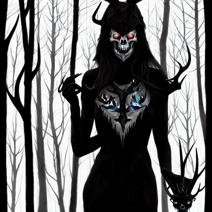 Image similar to style artgerm, joshua middleton, rafael albuquerque : : scary wendigo with antlers and skull face mixed with werewolf : : [ [ beautiful witch wearing a black dress, symmetrical face, on the right side ] ] : : in the forest, detailed, dark and foggy, cinematic lighting