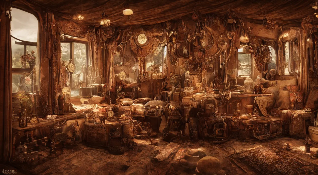 Prompt: interior of a traditional gypsy caravan, steampunk, octane render, trending on artstation