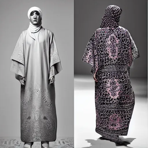 Image similar to a traditional arabic kaftan in a modern way, hedi slimane, balenciaga, fashion design, photography