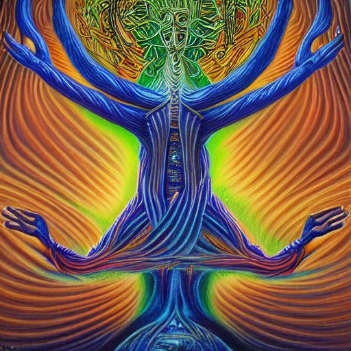 Image similar to the sacred tree by alex grey in the style of oil painting visionary art, intricate artwork octane render, trending on artstation, very coherent symmetrical artwork