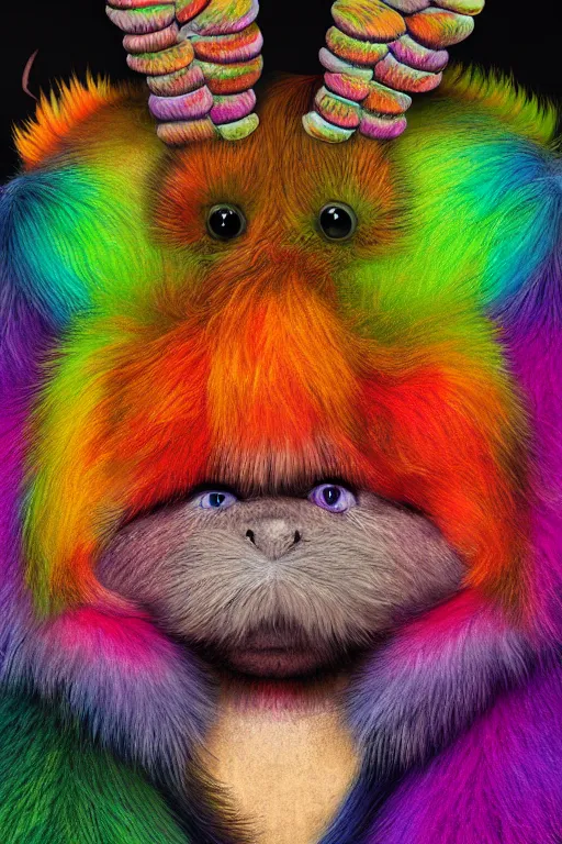 Prompt: a multicolored furry monster with fuzzy horns, a character portrait by jim henson, digital illustration, photorealistic, behance contest winner, behance hd, vibrant, dark rainbow colored fur, colorful, centered, matte background