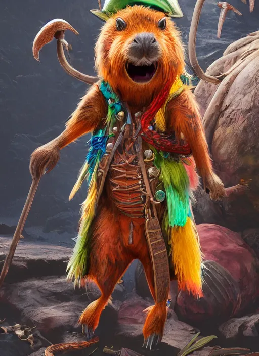 Image similar to detailed full body concept art illustration colorful oil painting of an anthropomorphic capybara pirate in full intricate colorful clothing, ultra detailed, digital art, octane render, 4K, dystopian, biomutant, micro details, hyperrealistic