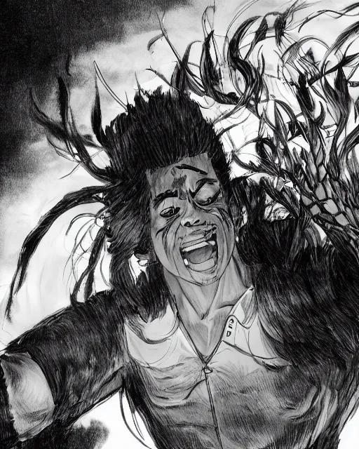 Prompt: a very detailed pencil drawing of kodak black in demon slayer manga panel, action lines, greg rutkowski, in field high resolution, dynamic pose, landscape, medium portrait, action, hyper realistic, manga, koyoharu gotouge, sakuga