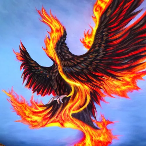 Prompt: phoenix rising from the flames 8 k hyperrealism