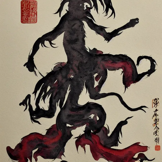 Image similar to watercolor painting of a chinese folklore blood shadow demon