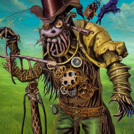 Prompt: detailed fantasy painting of steampunk Scarecrow from Wizard of Oz stealing brains from people in the Emerald City, 8k resolution