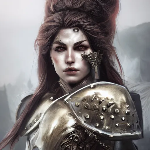 Image similar to fantasy portrait of a determined female warrior in heavy armour inspired by warhammer fantasy and diablo, long hair, scarred eye, earrings, highly detailed, trending on artstation, 4k, octane render, unreal engine,