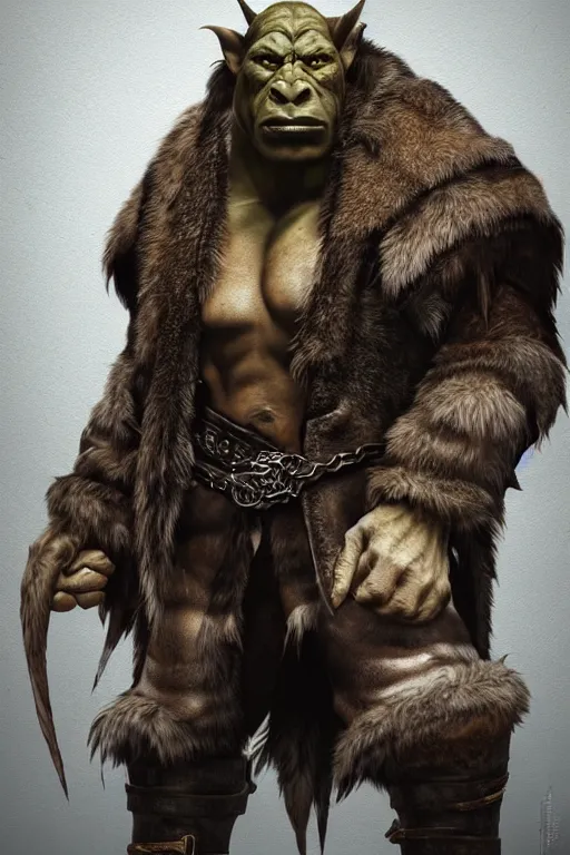 Image similar to A full body shot of a handsome orc looking into the camera wearing a leather fur jacket and leather boots, full body shot, detailed face, orc, orcish, portrait, artstation, realistic, highly detailed, symmetrical, D&D, Dungeons & Dragons, hyper realistic, dynamic pose, high detail, octane render, unreal engine, 8k, fantasy art, highly detailed, dramatic lighting, concept art