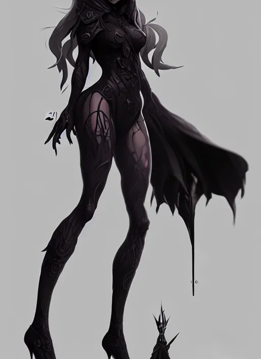 Image similar to dark witch wearing high heels, full - body and head view, highly detailed, zeronis style, artstation, soft light, sharp focus, illustration, character design, concept art