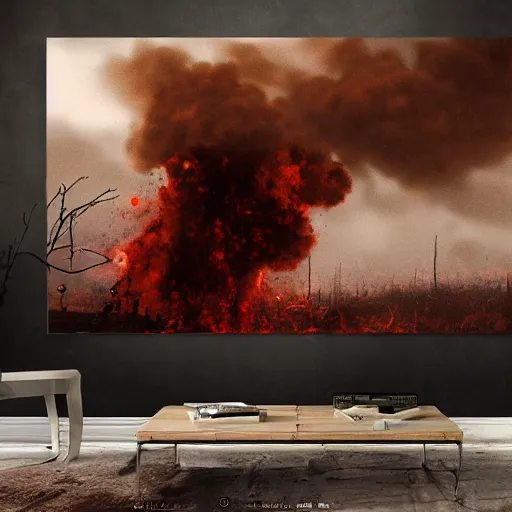 Image similar to hyper realism, realistic apocalyptic war scene, brown and red tones, dense fog