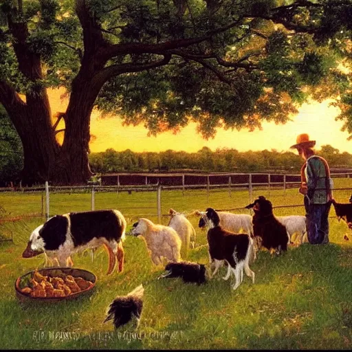 Image similar to feeding the farm dogs at sunrise, 4 k, by bob ross and norman rockwell