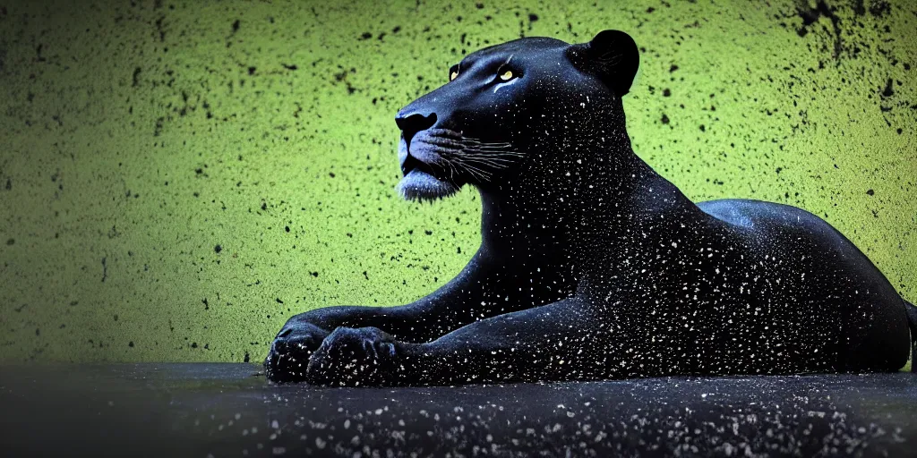 Image similar to the smooth black lioness, made of smooth black goo, in the zoo exhibit, viscous, sticky, full of black goo, covered with black goo, splattered black goo, dripping black goo, dripping goo, splattered goo, sticky black goo. photography, dslr, reflections, black goo, zoo, exhibit, raytraced, unreal engine 5