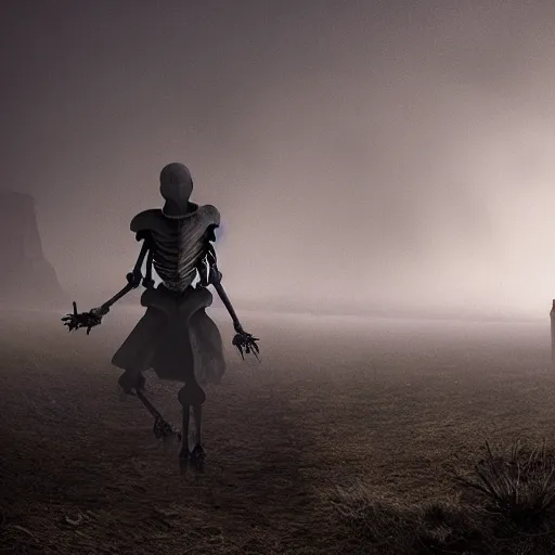 Prompt: a giant skeleton walks the earth, dark landscape, fog, matte painting