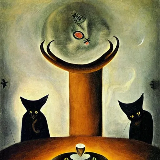Image similar to By Leonora Carrington, a large cat using a divination circle to summon a large tuna fish, shadowy environment lit by very large candles, artistic, oil painting.